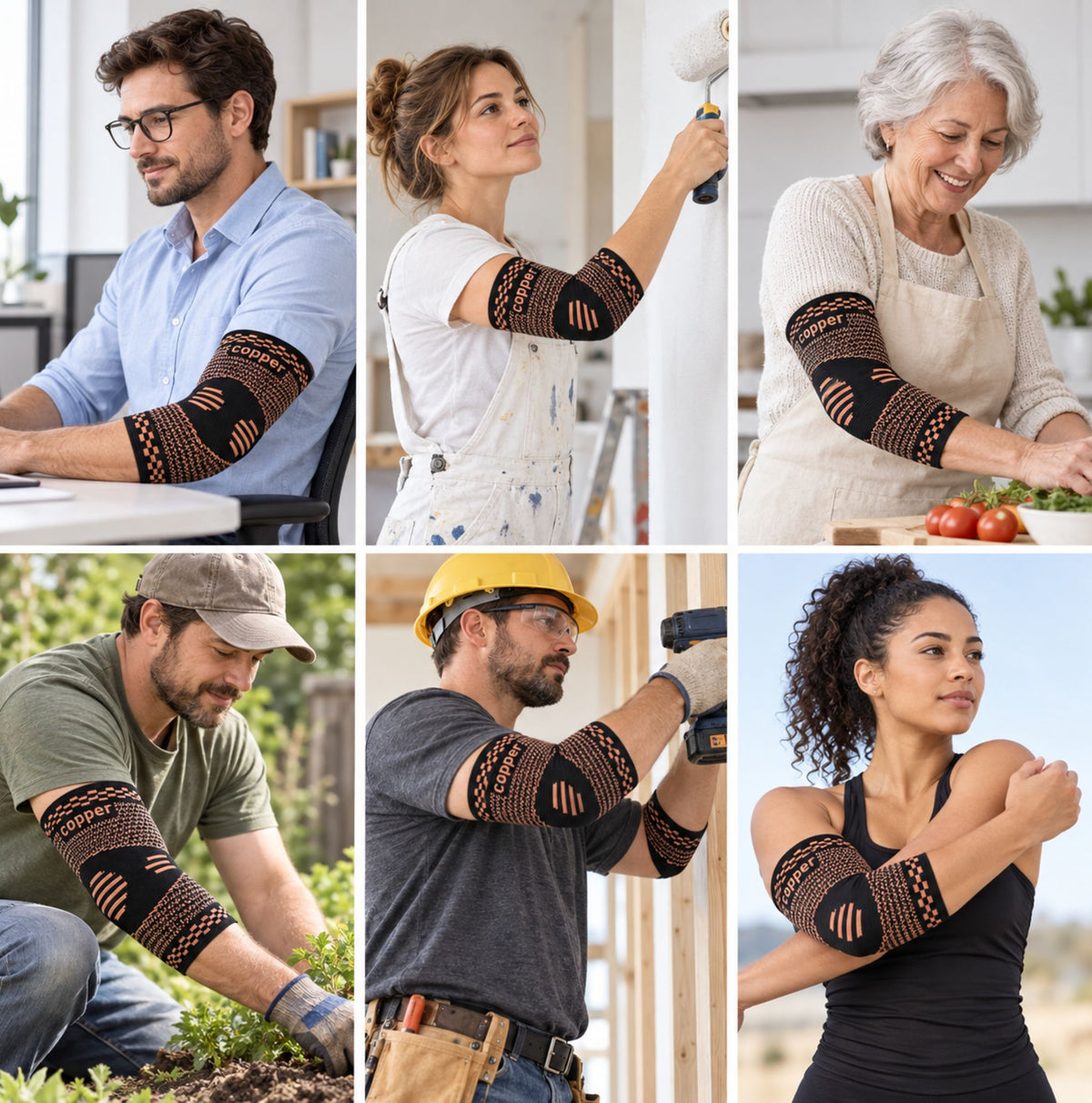 Colaj lifestyle cu femei și bărbați care poartă Copper Elbow Support în activități zilnice