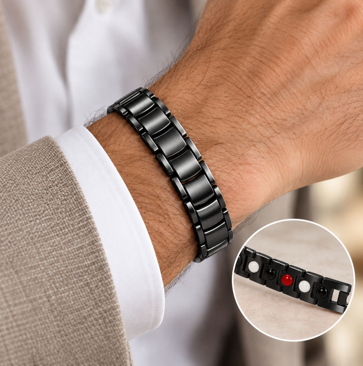 Brățară ETHERION Energy Bracelet Black purtată pe încheietura unui bărbat