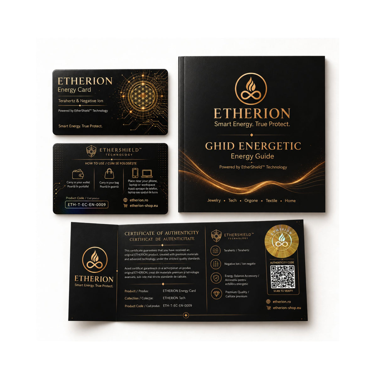 Pachet ETHERION Energy Card cu față și verso card, certificat de autenticitate și ghid energetic