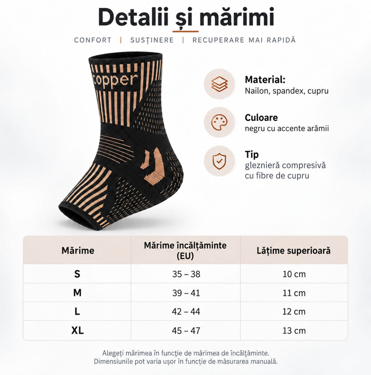 Detalii produs și tabel de mărimi pentru Copper Ankle Support gleznieră cu cupru