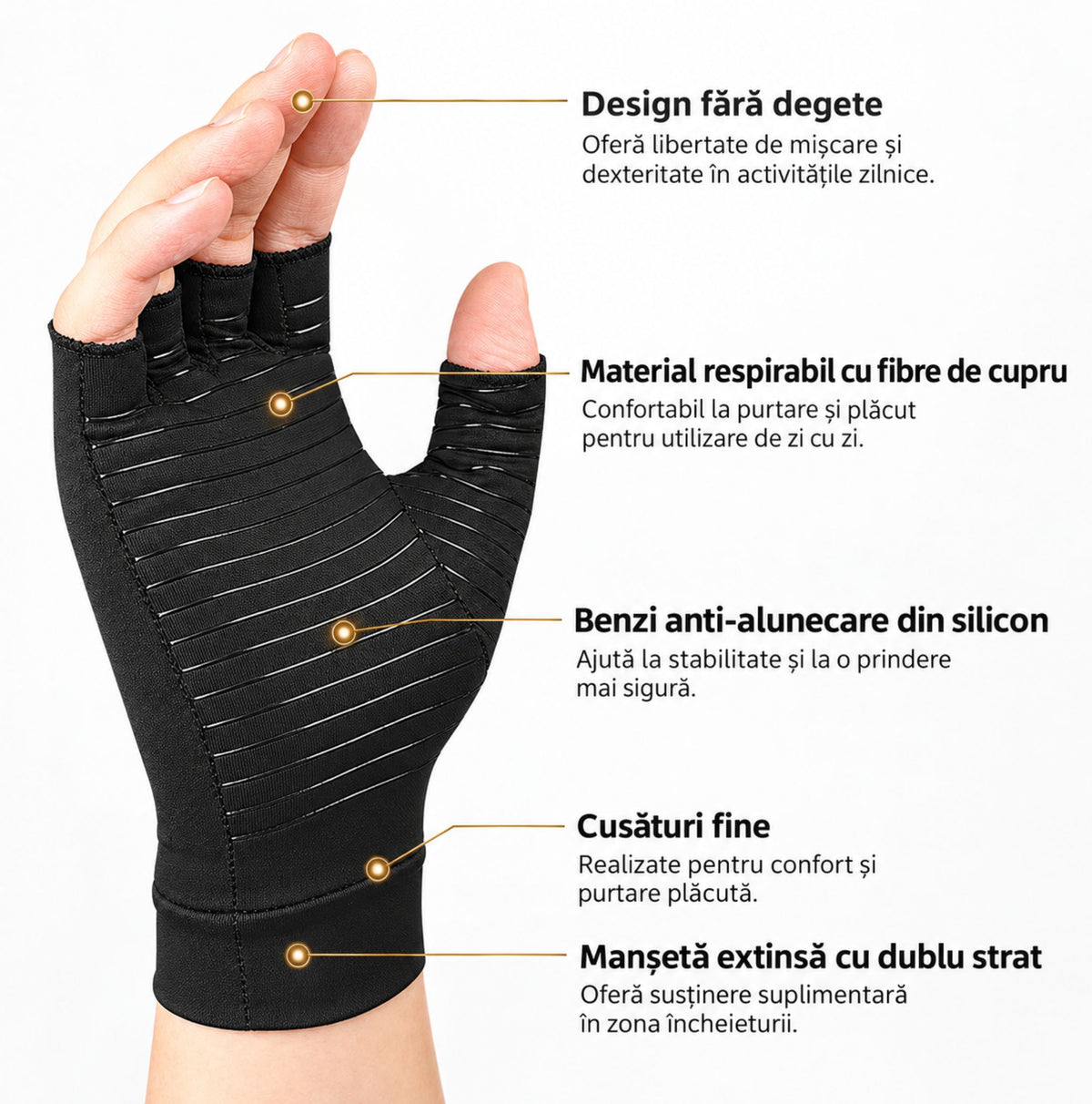 Caracteristici mănuși compresive cu cupru, design semidegete, material respirabil și prindere sigură