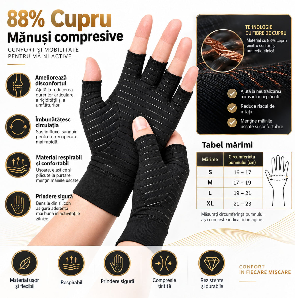 Tabel de mărimi pentru mănuși compresive cu cupru, S, M, L și XL