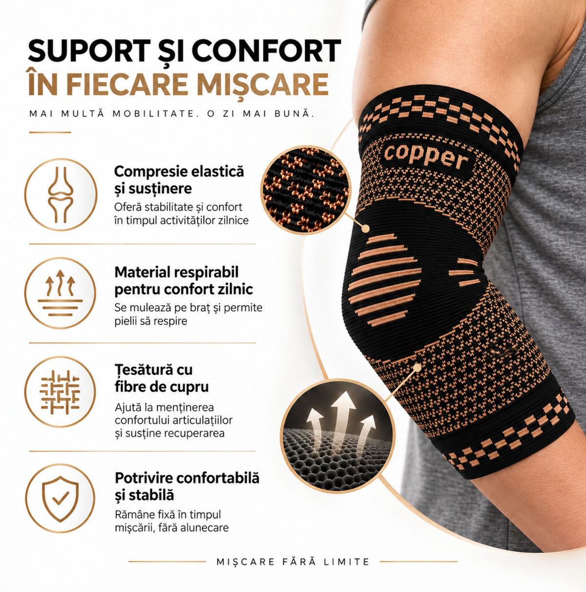 Beneficii Copper Elbow Support pentru compresie elastică, confort și susținere la mișcare