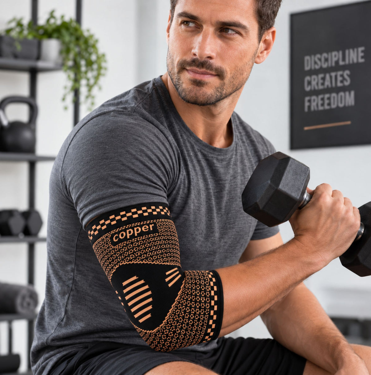 Imagine lifestyle cu bărbat care poartă Copper Elbow Support în timpul antrenamentului