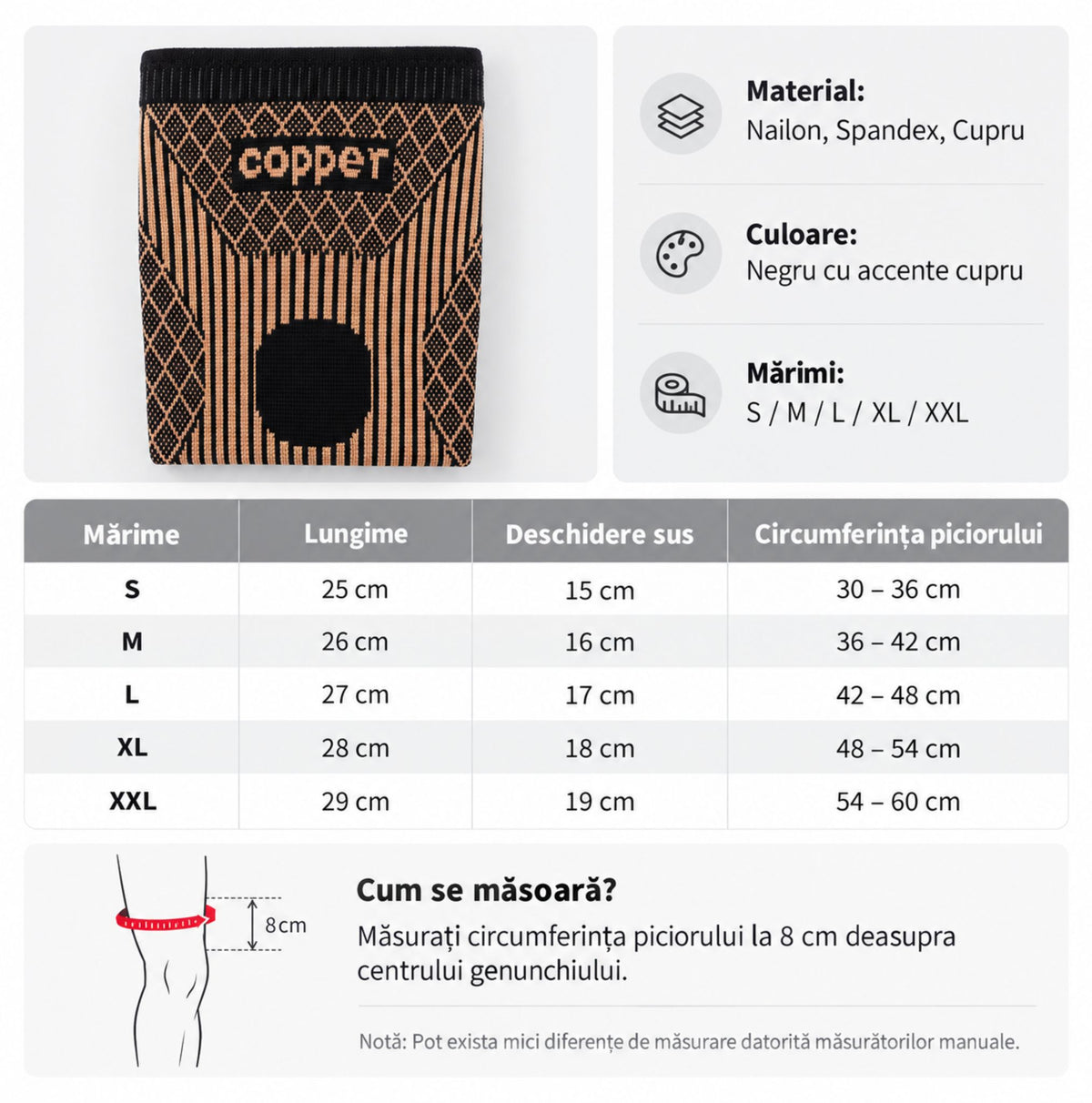 Detalii produs și tabel de mărimi pentru Copper Knee Support genunchieră cu cupru