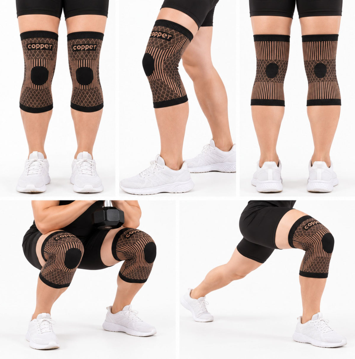 Colaj cu scenarii de utilizare pentru Copper Knee Support, vedere față, lateral și spate