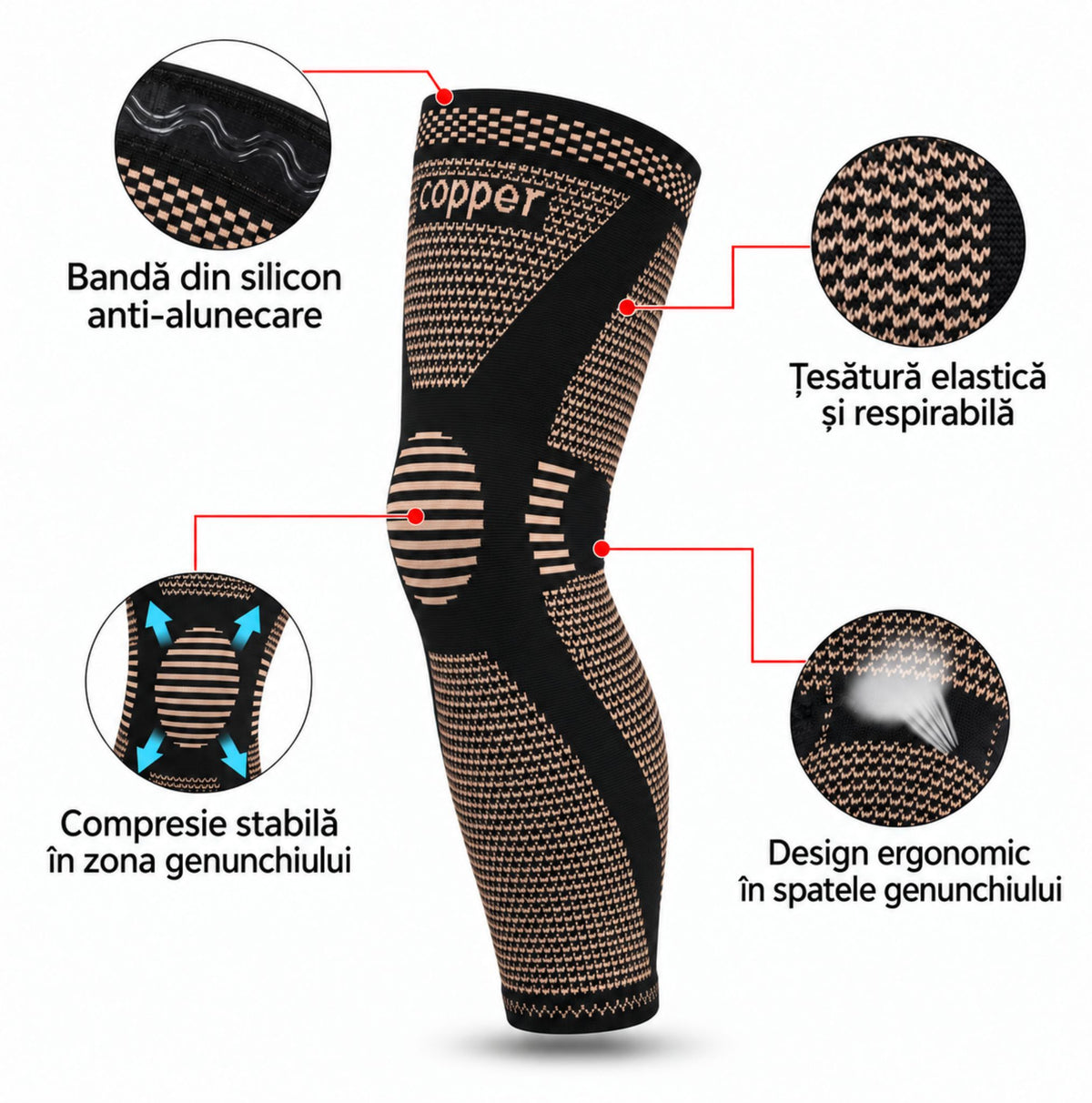 Beneficii Copper Long Knee Support cu bandă silicon anti-alunecare, compresie stabilă și material respirabil