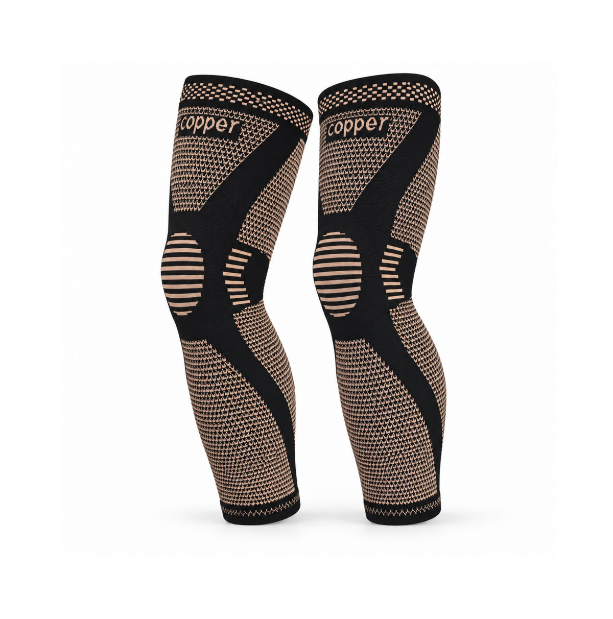 Set 2 suporturi lungi pentru genunchi și gambă Copper Long Knee Support pe fundal alb