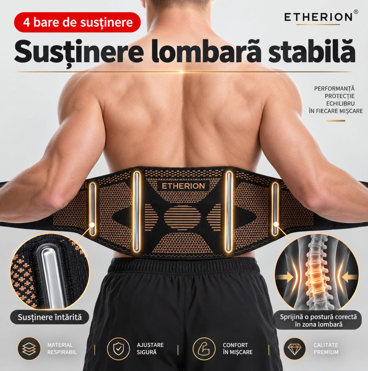 Centură lombară cu 4 bare de susținere pentru stabilizarea zonei lombare
