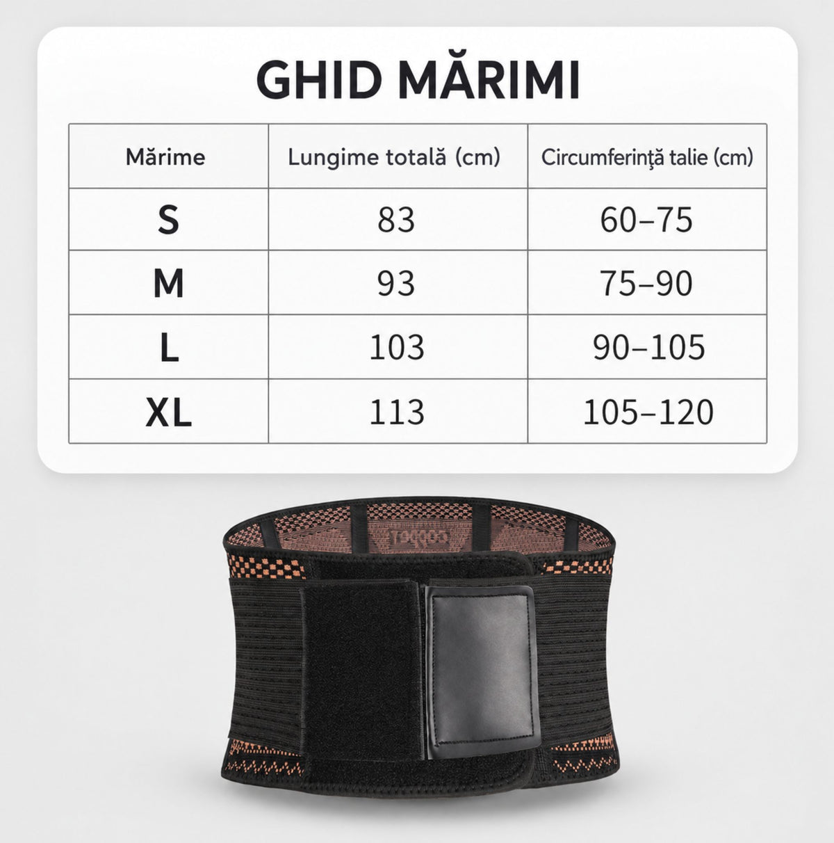 Ghid de mărimi pentru centură lombară cu cupru, mărimi S, M, L și XL