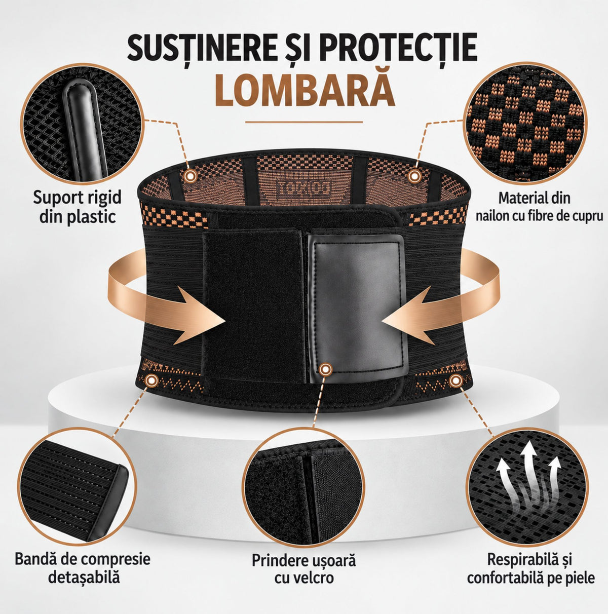 Detalii centură lombară cu cupru, material elastic, suport rigid și prindere cu velcro