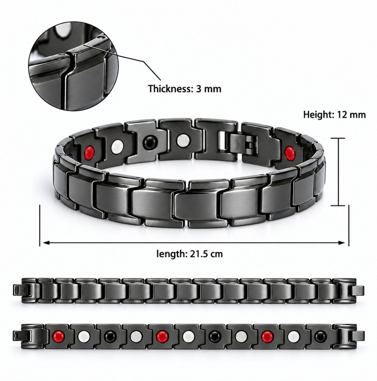 Detalii ETHERION Energy Bracelet Black 21,5 cm lungime, 12 mm lățime și 3 mm grosime