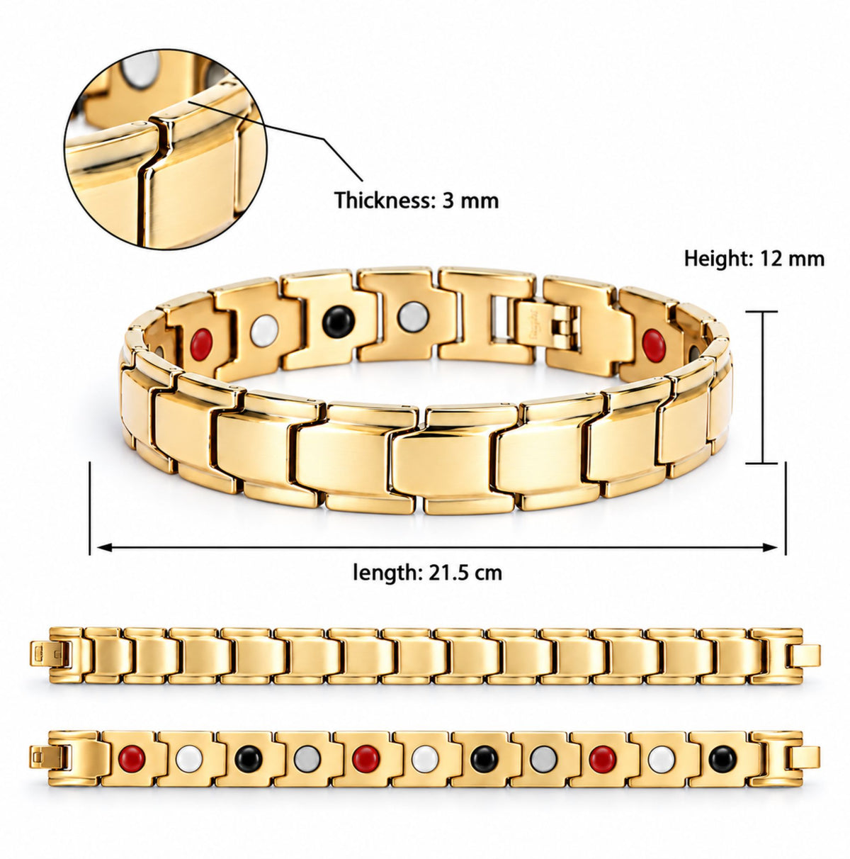 Detalii ETHERION Energy Bracelet Gold 21,5 cm lungime, 12 mm lățime și 3 mm grosime
