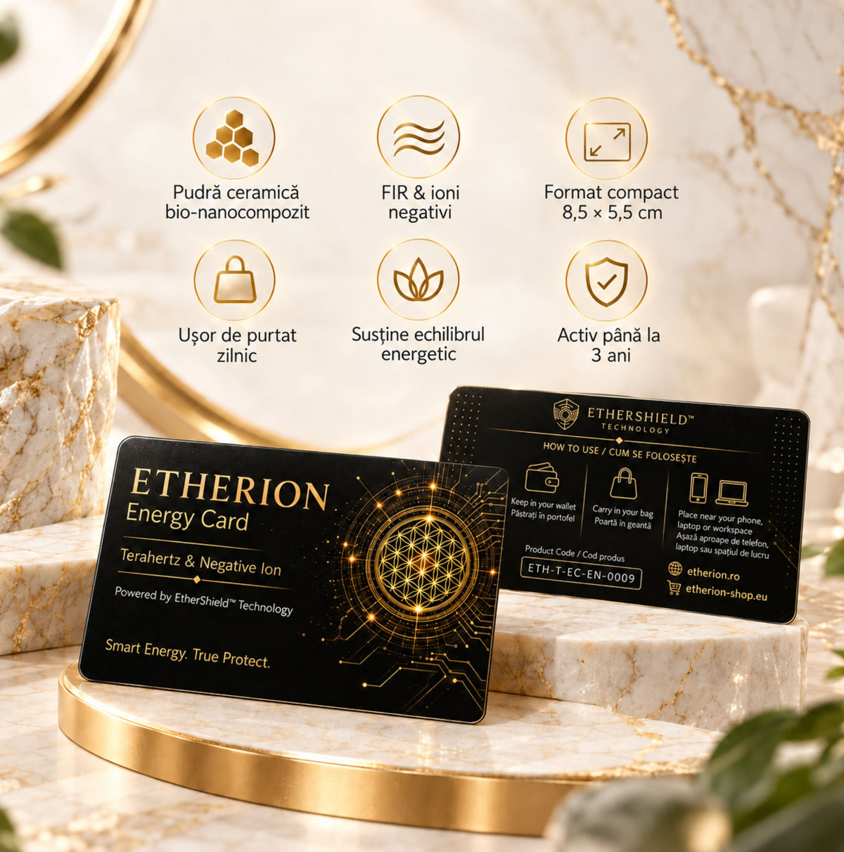 Caracteristici ETHERION Energy Card cu pudră ceramică bio-nanocompozit, FIR și ioni negativi