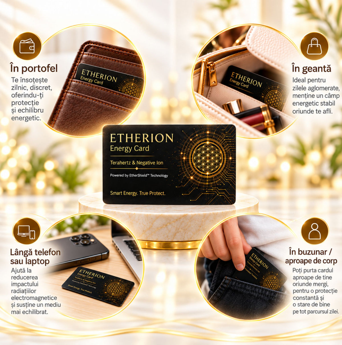 Modalități de utilizare ETHERION Energy Card în portofel, geantă, lângă telefon sau laptop și aproape de corp