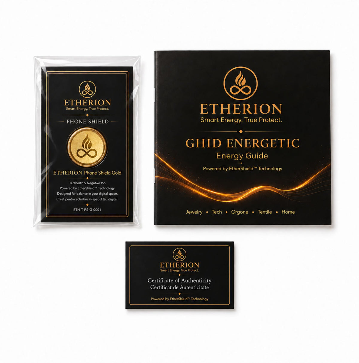 Pachet ETHERION Phone Shield Gold cu produs în folie, ghid energetic și certificat de autenticitate