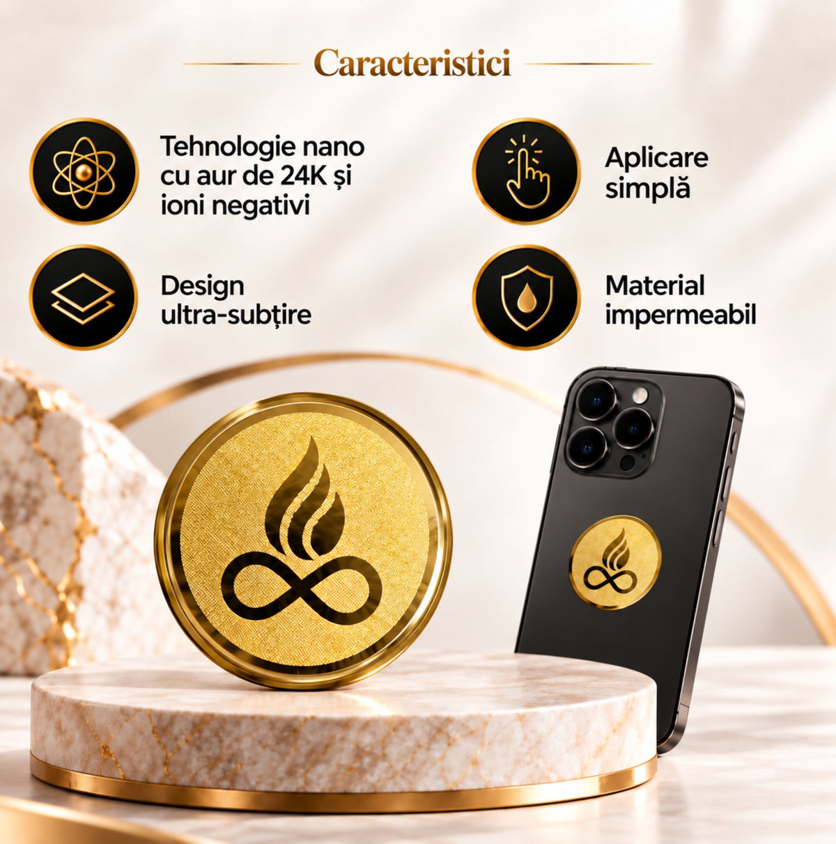 Caracteristici ETHERION Phone Shield Gold cu tehnologie nano, aur 24K, ioni negativi și material impermeabil