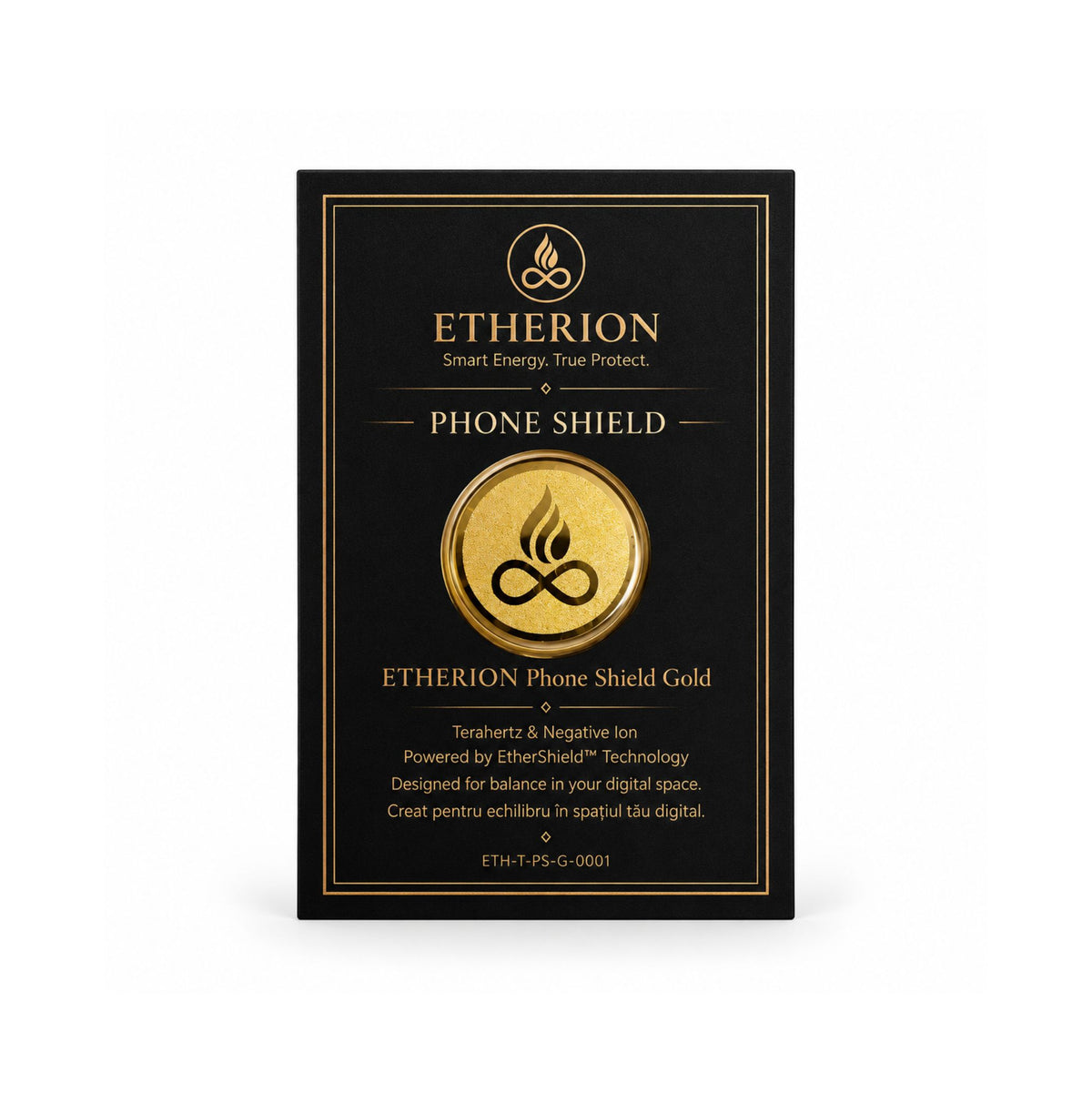 ETHERION Phone Shield Gold cu tehnologie EtherShield pe fundal alb