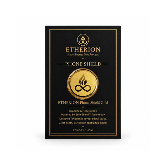ETHERION Phone Shield Gold cu tehnologie EtherShield pe fundal alb