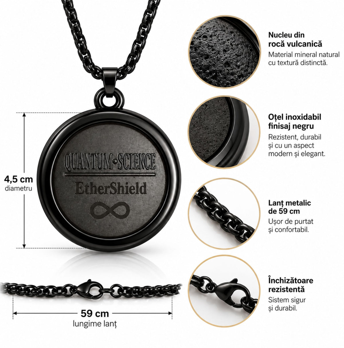 ETHERION Shield Pendant Black – Pandantiv Energetic cu rocă vulcanică