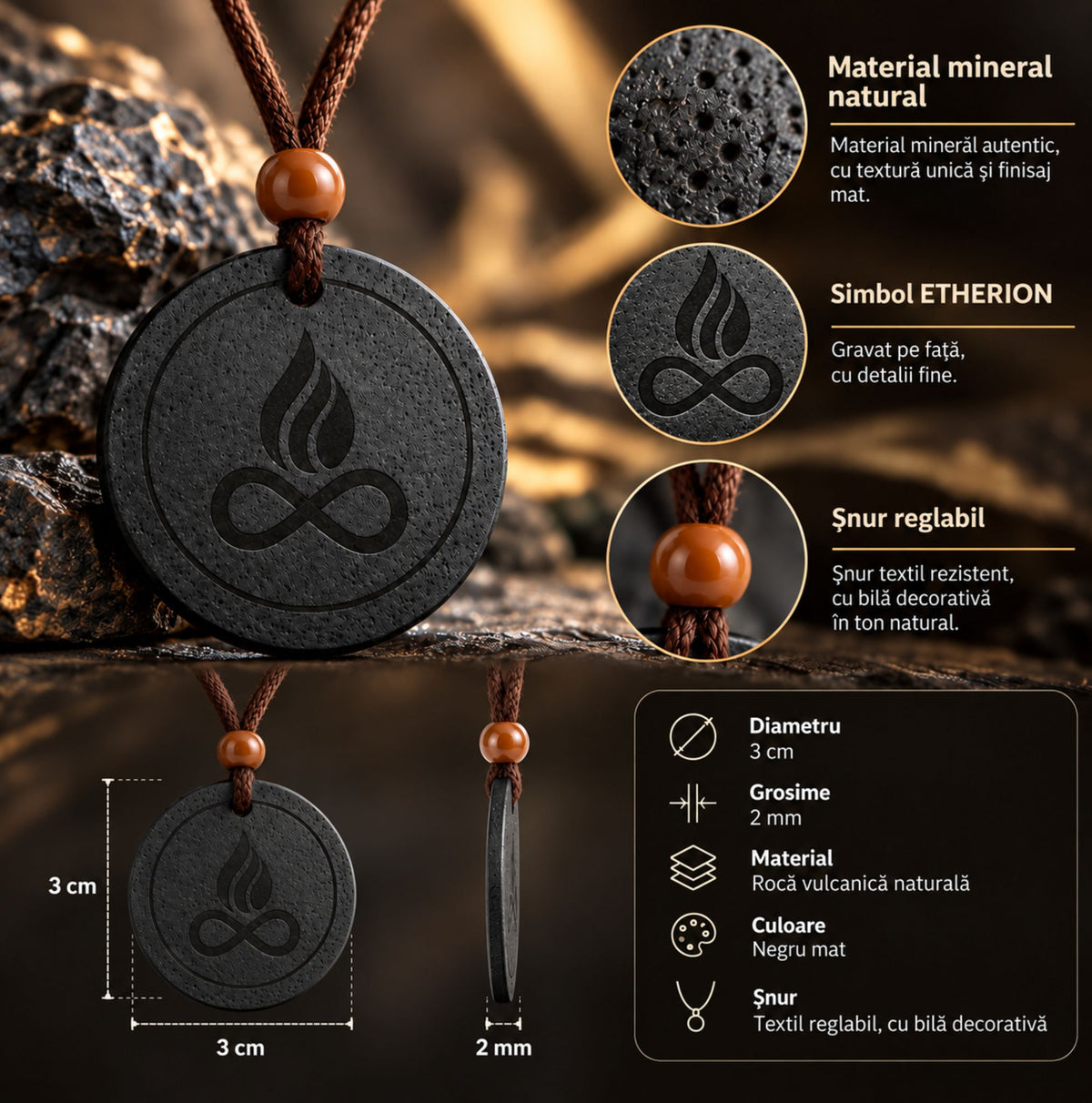 Detalii ETHERION Shield Pendant Core din roca vulcanica, diametru 3 cm si grosime 2 mm