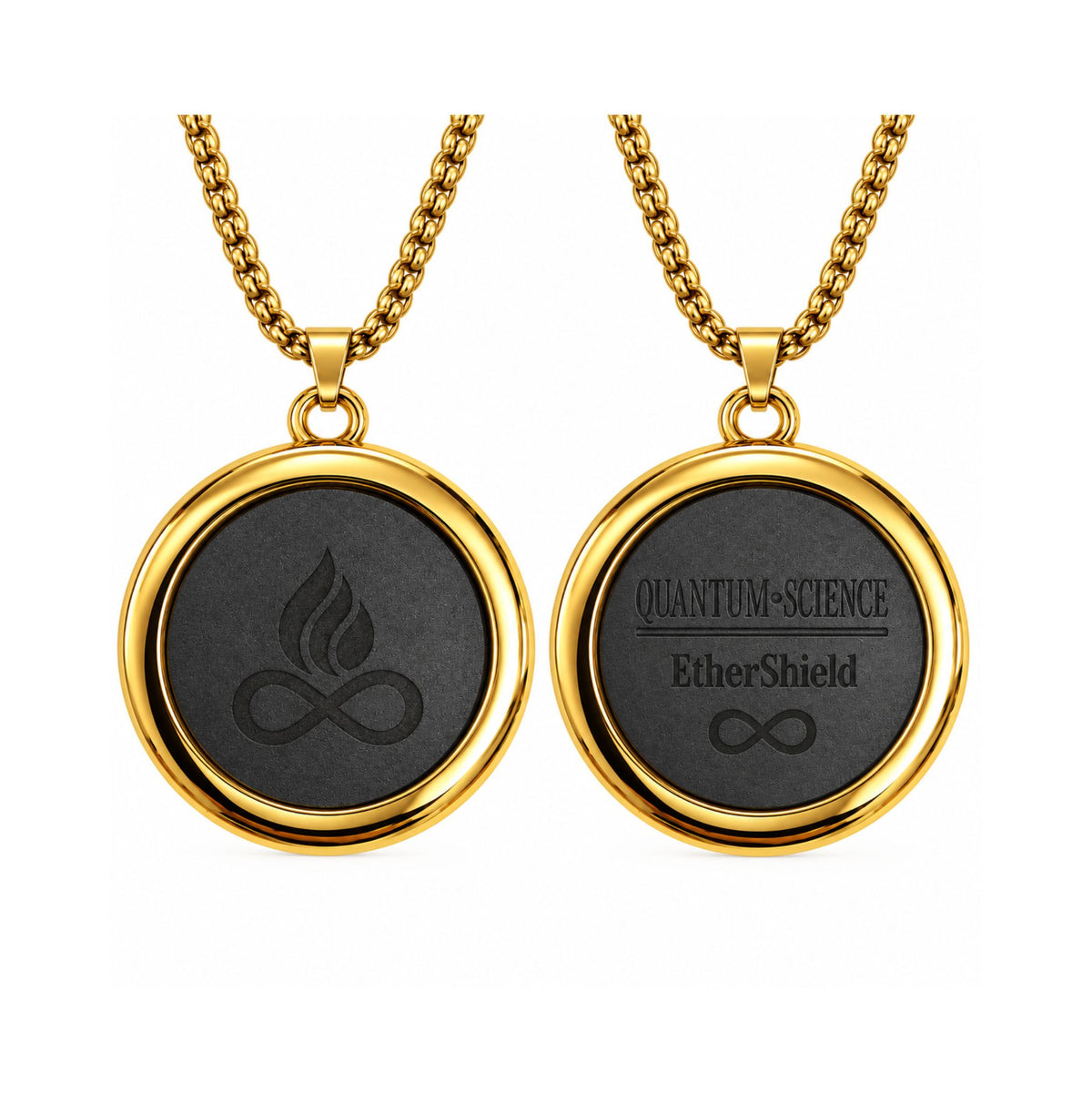 Pandantiv ETHERION Shield Pendant Gold fata si verso cu marcaj EtherShield Technology