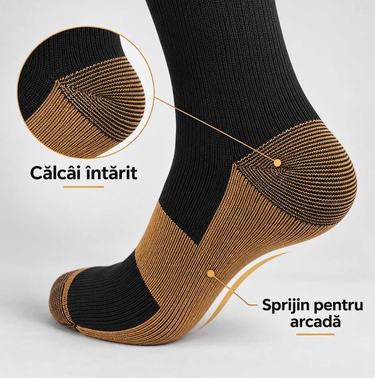 Detaliu călcâi întărit și suport pentru arcadă la șosete compresive cu cupru