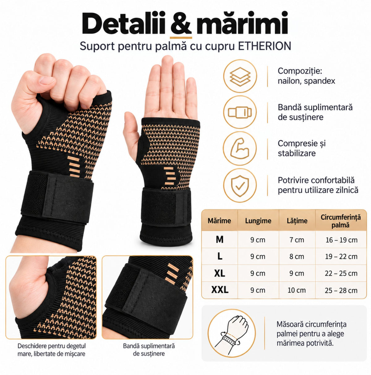 Tabel de mărimi și detalii pentru suportul pentru palmă și încheietură cu cupru
